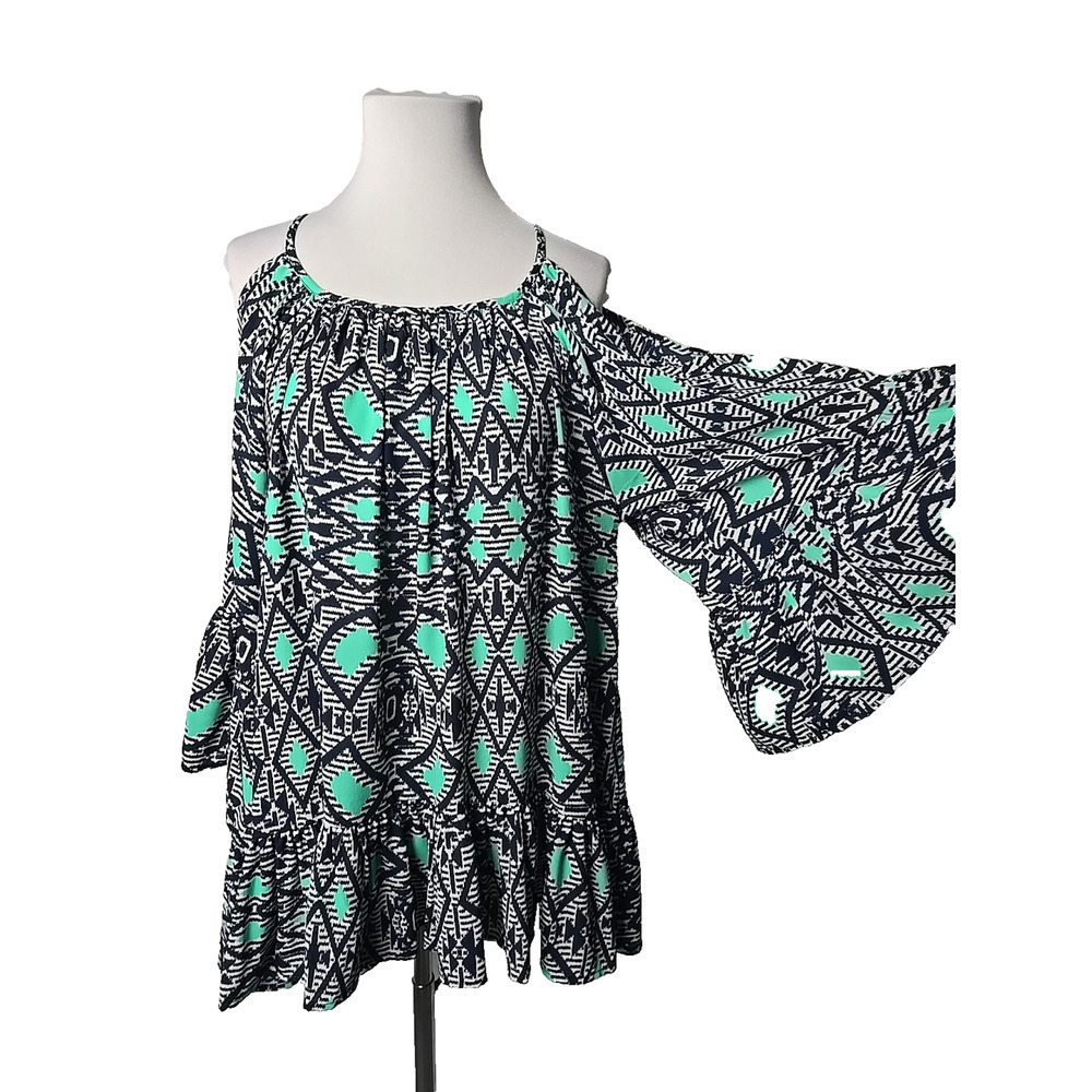 Veronica‎ M Blue Print Flowy Cold-Shoulder Ruffle Tunic Top XS